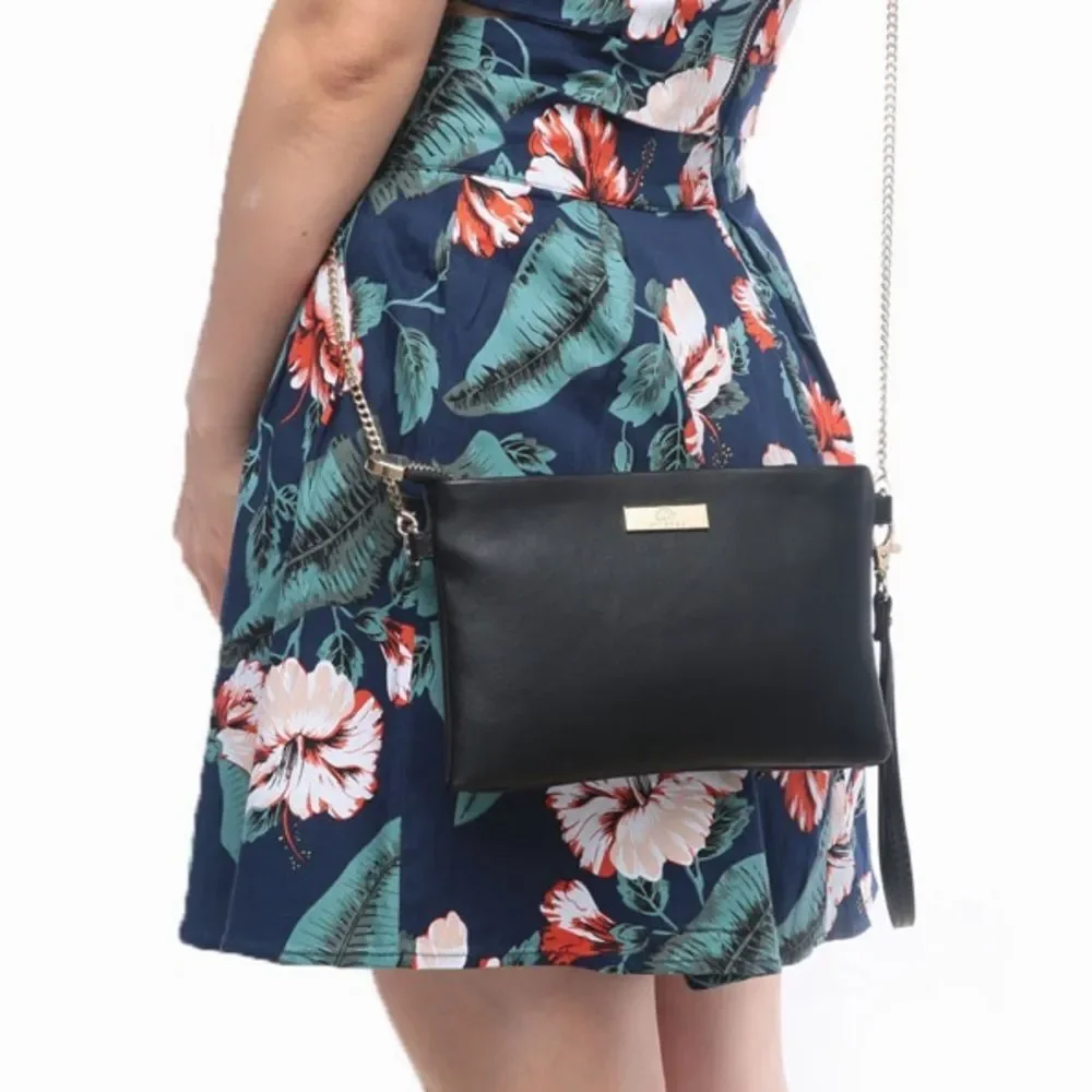 Aitbags Elegant Clutch/Crossbody Handbag. Black w gold accents. Removable chain - Picture 3 of 8